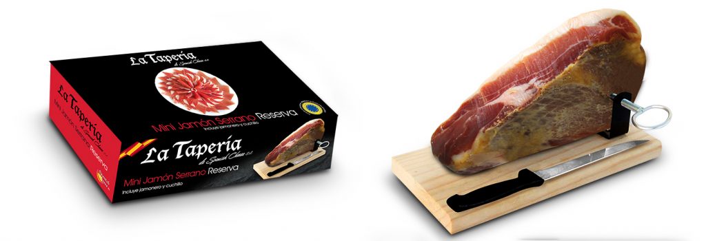 Coffret Jambon Serrano RESERVA Entier avec os avec support et couteau